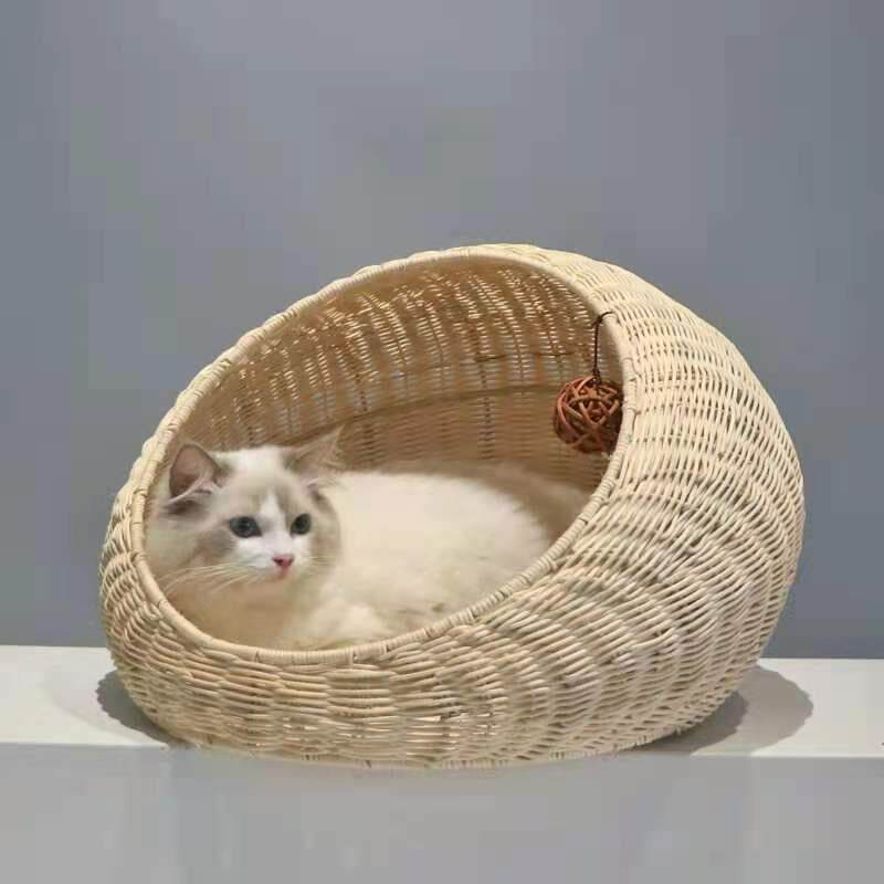Hand-Woven Rattan Pet Cage with Removable Pad
