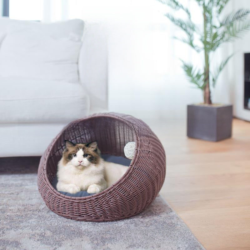 Hand-Woven Rattan Pet Cage with Removable Pad