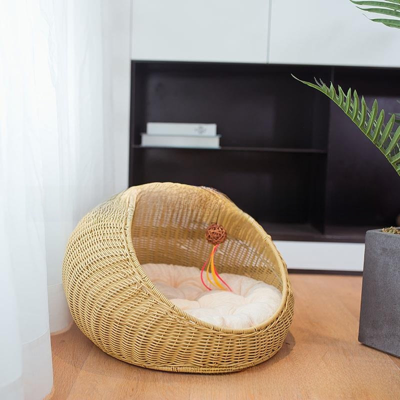 Hand-Woven Rattan Pet Cage with Removable Pad